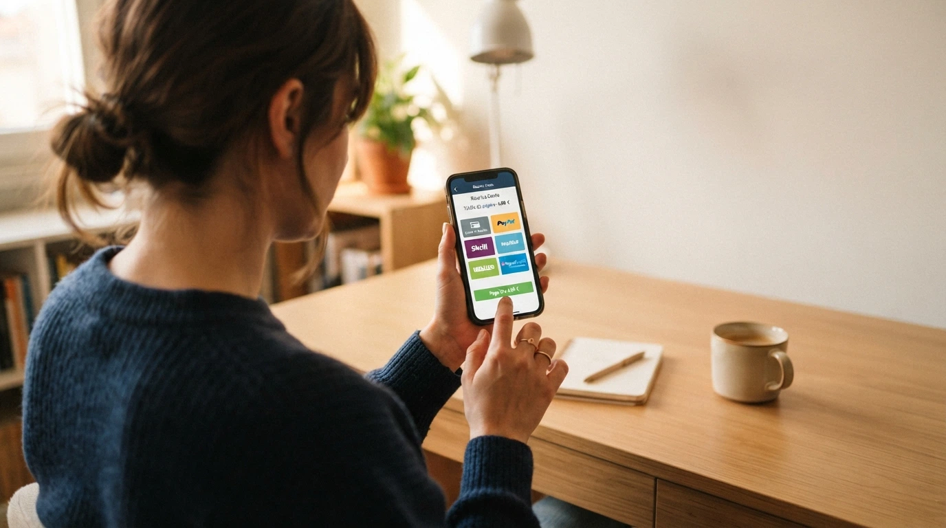 Una schermata di checkout con le icone di PayPal, Skrill, Postepay e una cifra di 4 euro nel totale