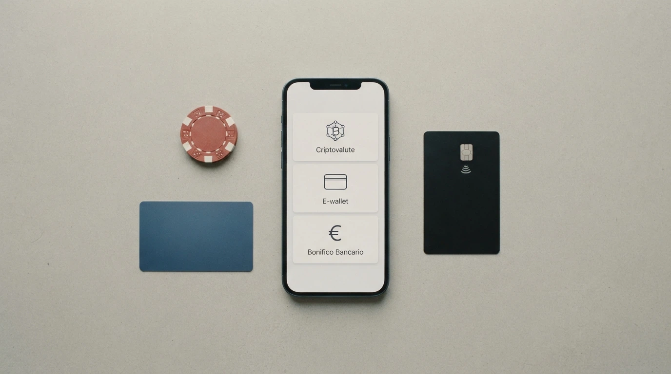 Una schermata di cassa di un casinò online con le icone dei metodi di pagamento (carta, wallet, crypto, bonifico) affiancate