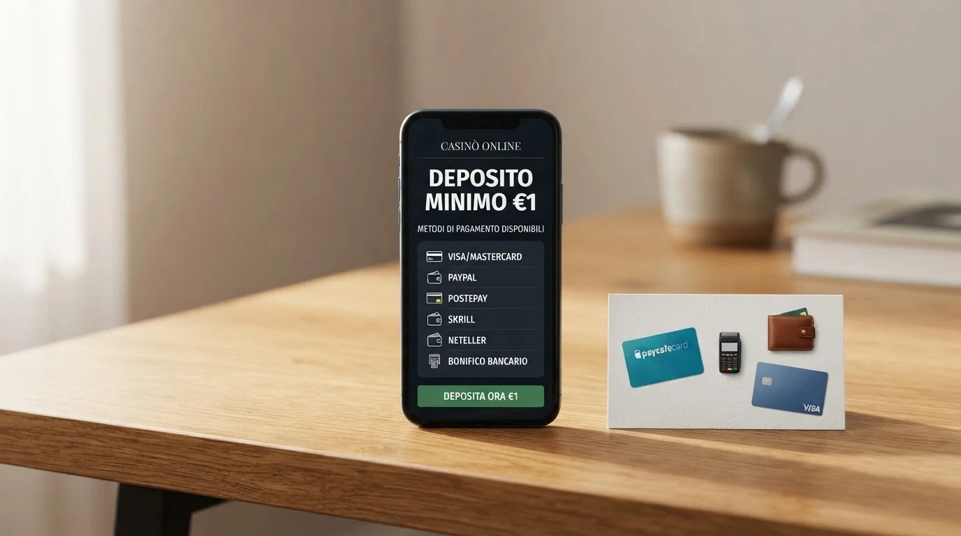 Schermata di un casinò online italiano con le icone dei metodi di pagamento disponibili: Paysafecard, PostePay, bonifico bancario, PayPal e Visa affiancate da una ricevuta di ricarica da 1 euro