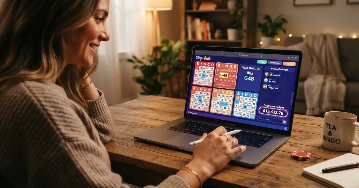 Una schermata di una sala bingo online su computer con cartelle digitali, numeri estratti in evidenza e contatore del jackpot progressivo