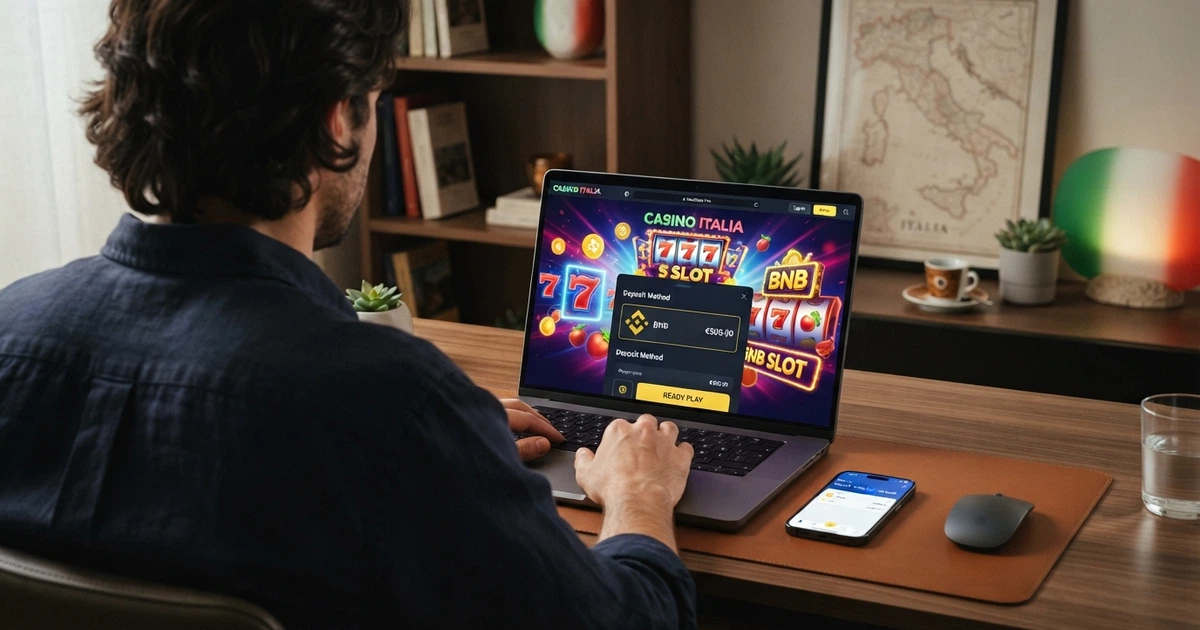 Una persona seduta al computer con il sito di un casinò online aperto sullo schermo, accanto il logo di Binance Coin e il simbolo dell’euro, su sfondo che richiama l’Italia