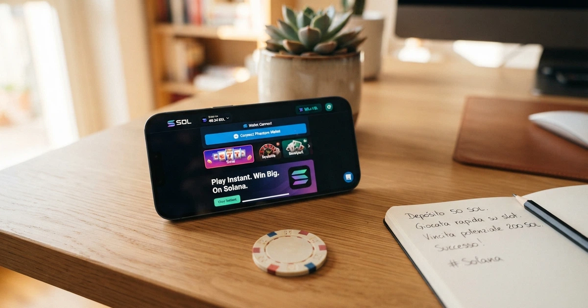 Interfaccia di un casinò online con logo Solana, wallet Phantom connesso e token SOL visualizzati nel saldo