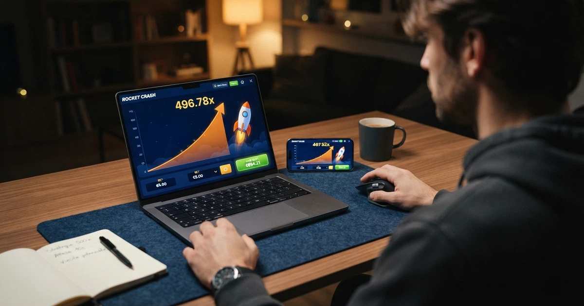Interfaccia di un crash game con moltiplicatore crescente e pulsante cash-out su schermo di computer e smartphone