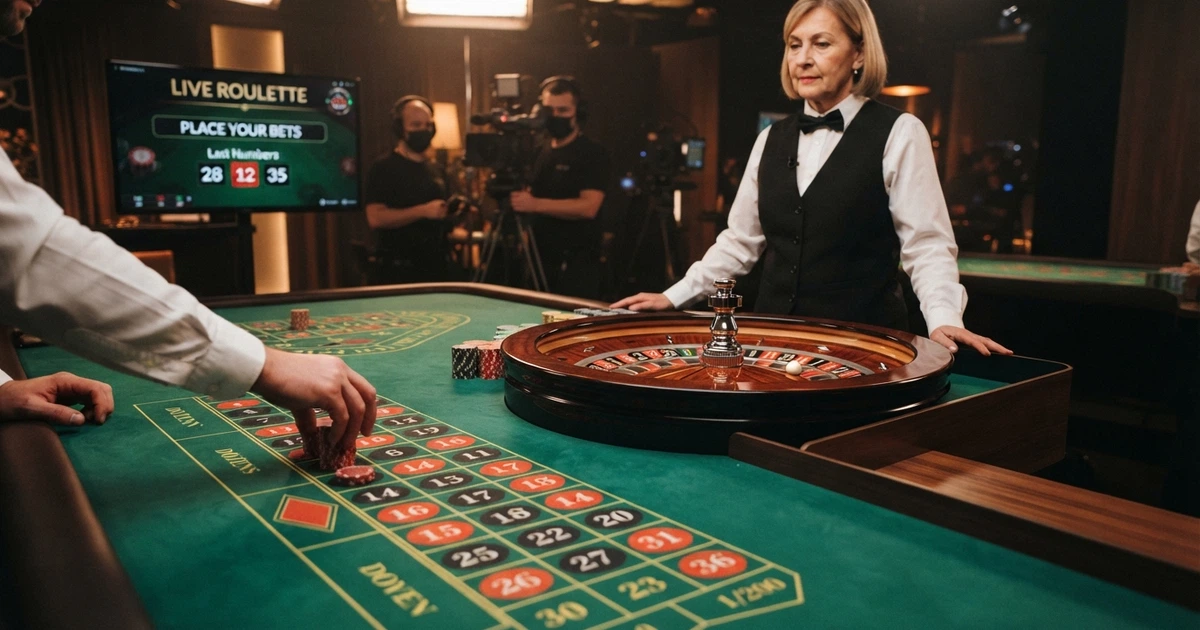 Un tavolo da roulette dal vivo con croupier in primo piano, schermo con interfaccia di gioco e puntate, ambiente da studio professionale illuminato
