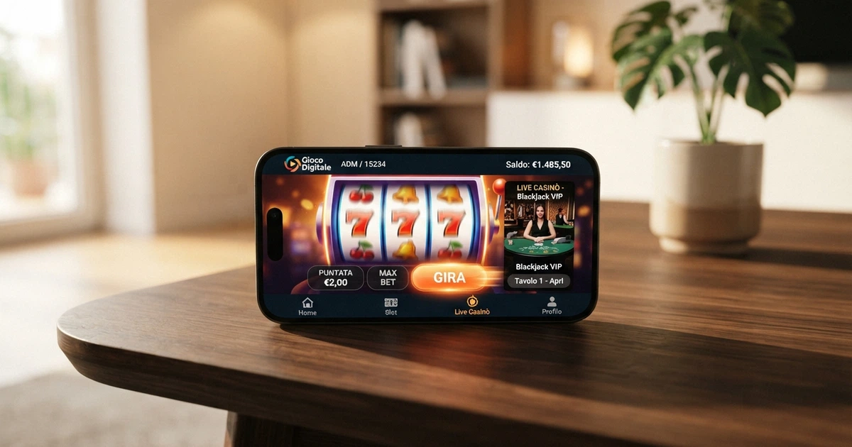 Smartphone con lo schermo che mostra l'interfaccia di un'app casinò ADM in italiano, con slot in evidenza, saldo visibile e menu di navigazione laterale