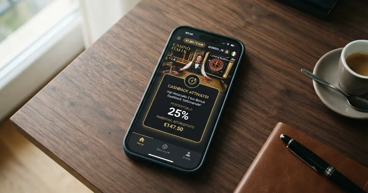 Interfaccia di un casinò online con la sezione cashback attiva, il saldo del conto gioco e la percentuale di rimborso in evidenza