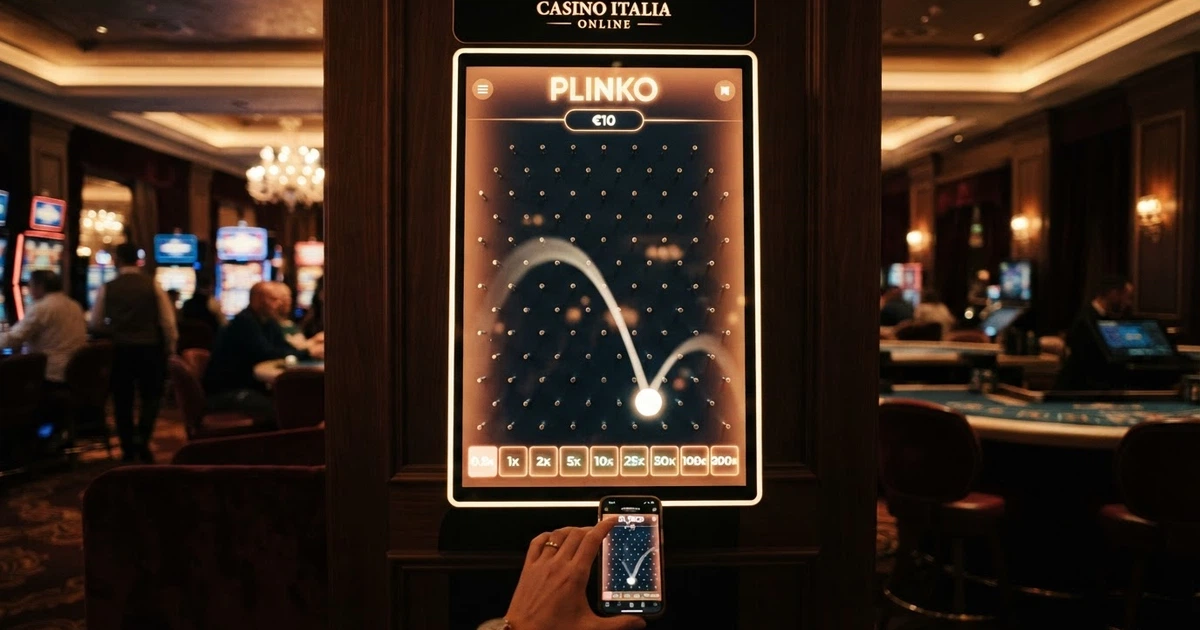 Un tabellone Plinko digitale con la pallina che rimbalza tra i pioli verso la griglia dei moltiplicatori in fondo, su sfondo scuro da casinò online.