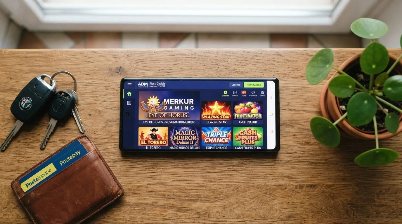 Uno smartphone in orientamento orizzontale che mostra il catalogo slot di un casinò ADM con titoli Merkur Gaming ottimizzati per il formato mobile