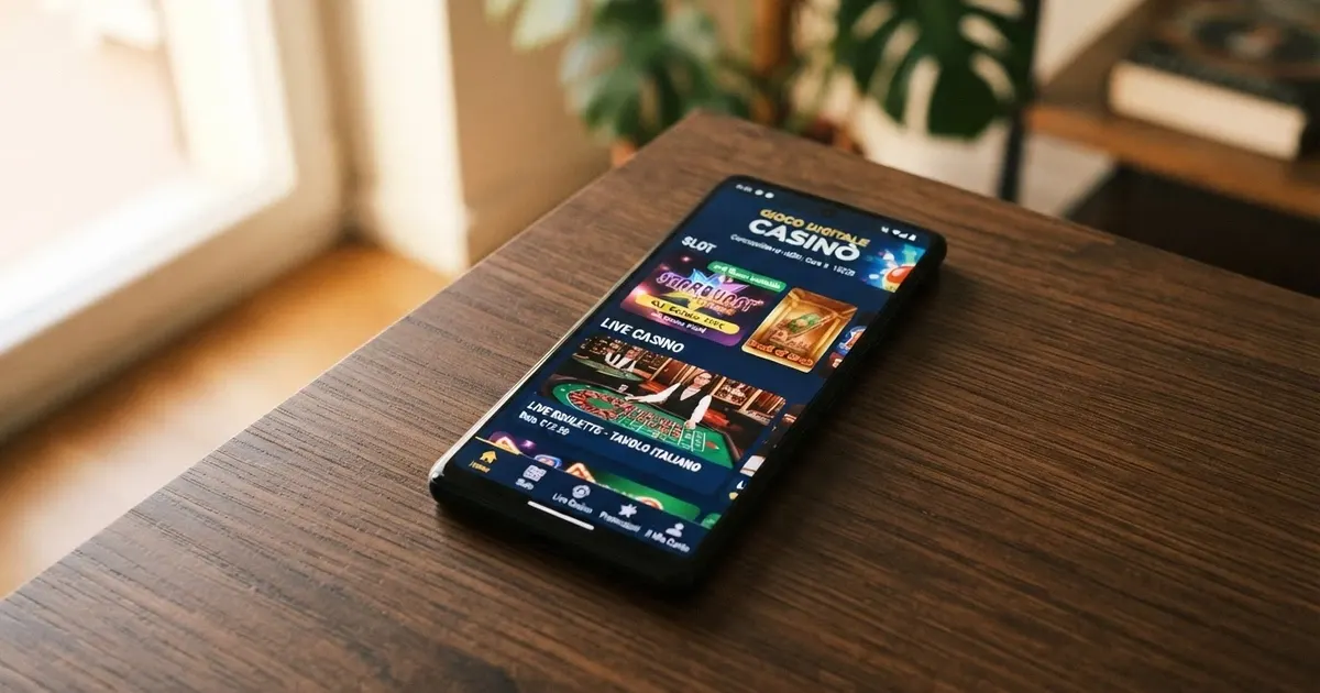 Schermata di un casinò mobile ADM su smartphone con interfaccia touch, giochi in primo piano e menu di navigazione