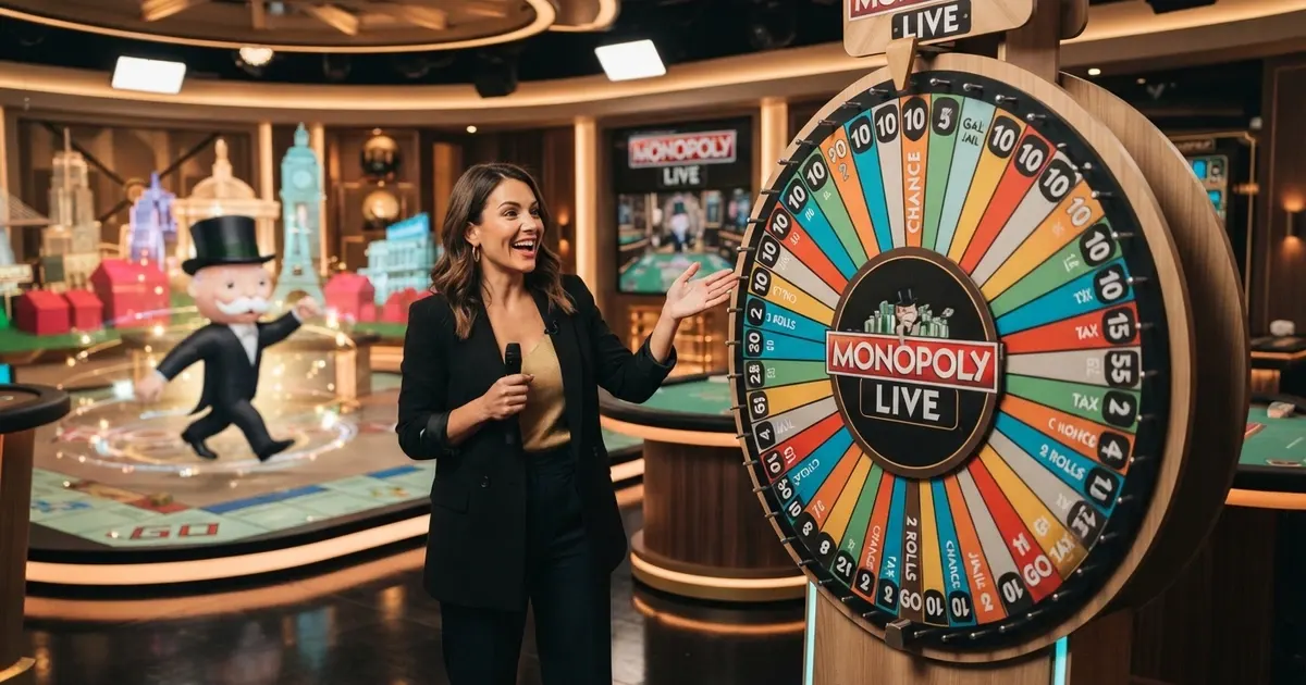 La ruota verticale di Monopoly Live con il presentatore in studio, i segmenti colorati e il tabellone 3D sullo sfondo