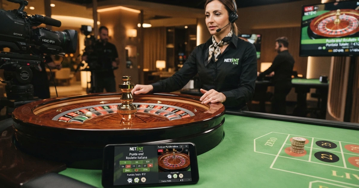 Tavolo da live casino NetEnt con croupier in uniforme e interfaccia di gioco visibile sullo schermo