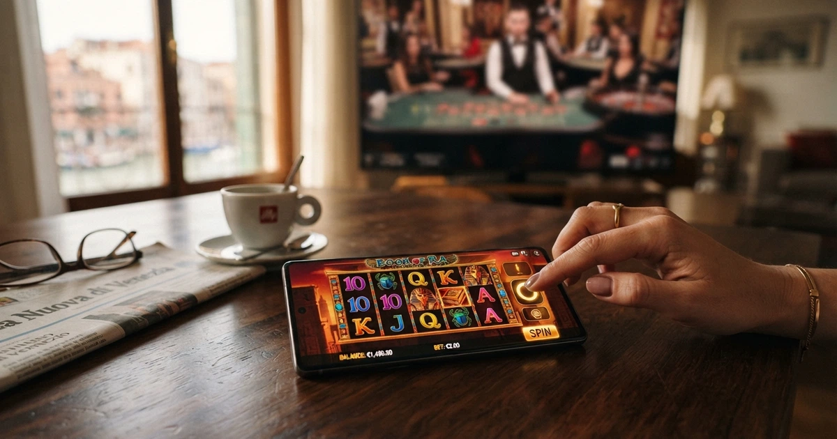 L'interfaccia di una slot Novoline su schermo, con la scritta Greentube visibile e un tavolo da live casino sullo sfondo