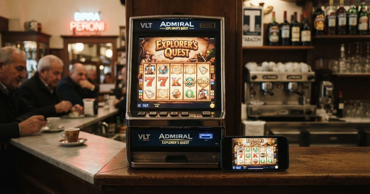 Una sala slot con schermi che mostrano i titoli Novomatic più iconici, dalla Book of Ra a Sizzling Hot, affiancati da un'interfaccia di casinò online su un dispositivo mobile.