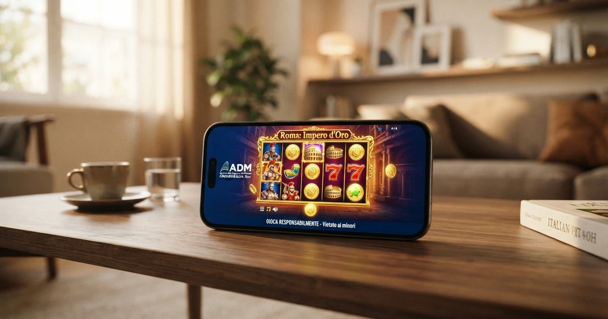 Interfaccia moderna di un casinò online con licenza ADM, logo del concessionario, griglia di slot in evidenza e menu di navigazione laterale