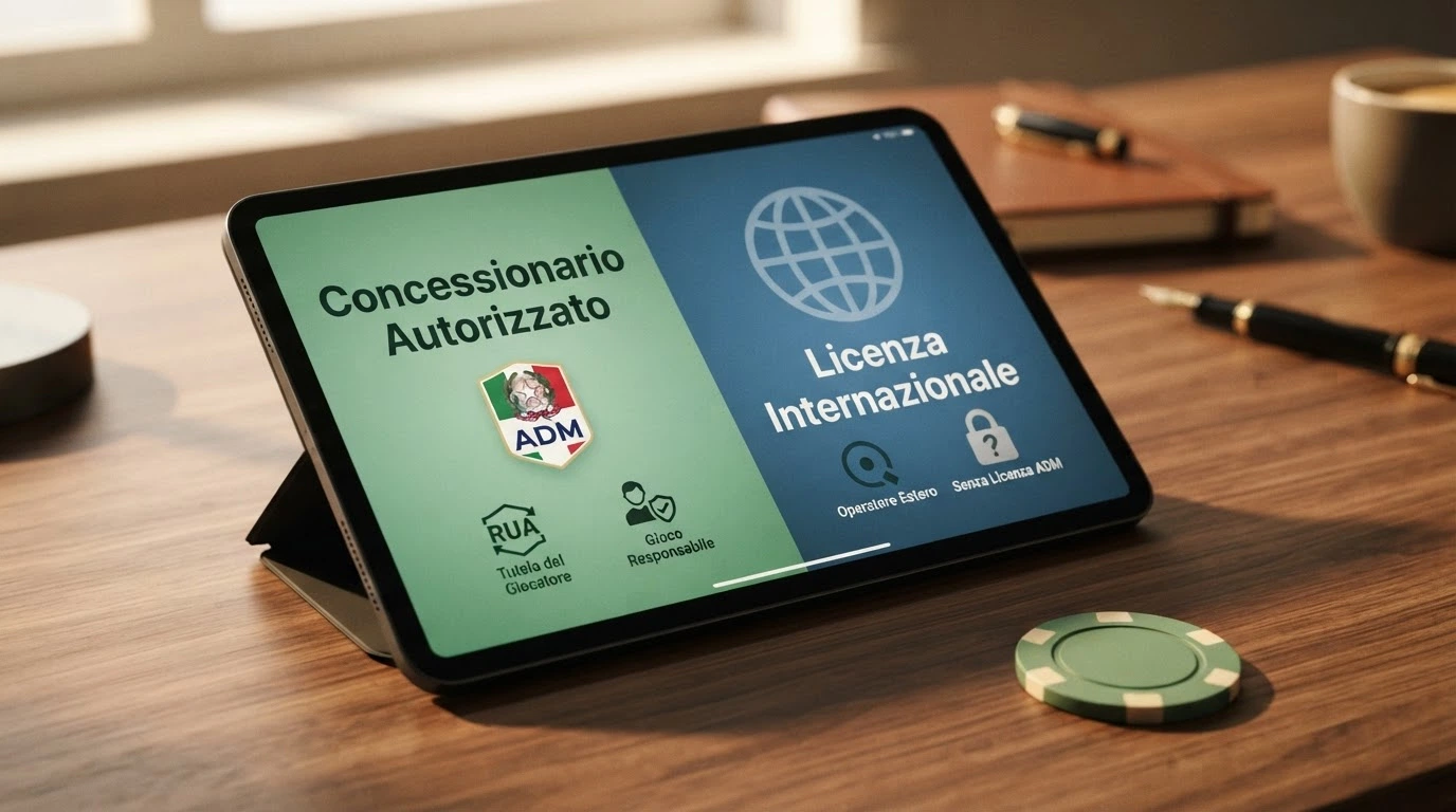 Due colonne affiancate su uno schermo: a sinistra il simbolo della concessione ADM con tutele e RUA, a destra un globo con la dicitura «licenza internazionale» e un punto interrogativo sulle protezioni.