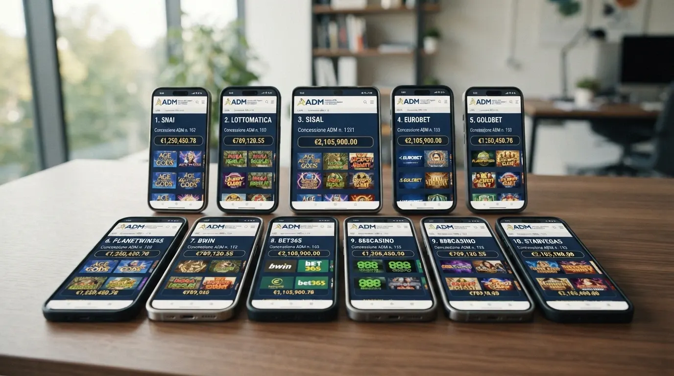 Una vista d'insieme dei loghi o delle interfacce dei casinò ADM con slot con jackpot, affiancati in una griglia comparativa