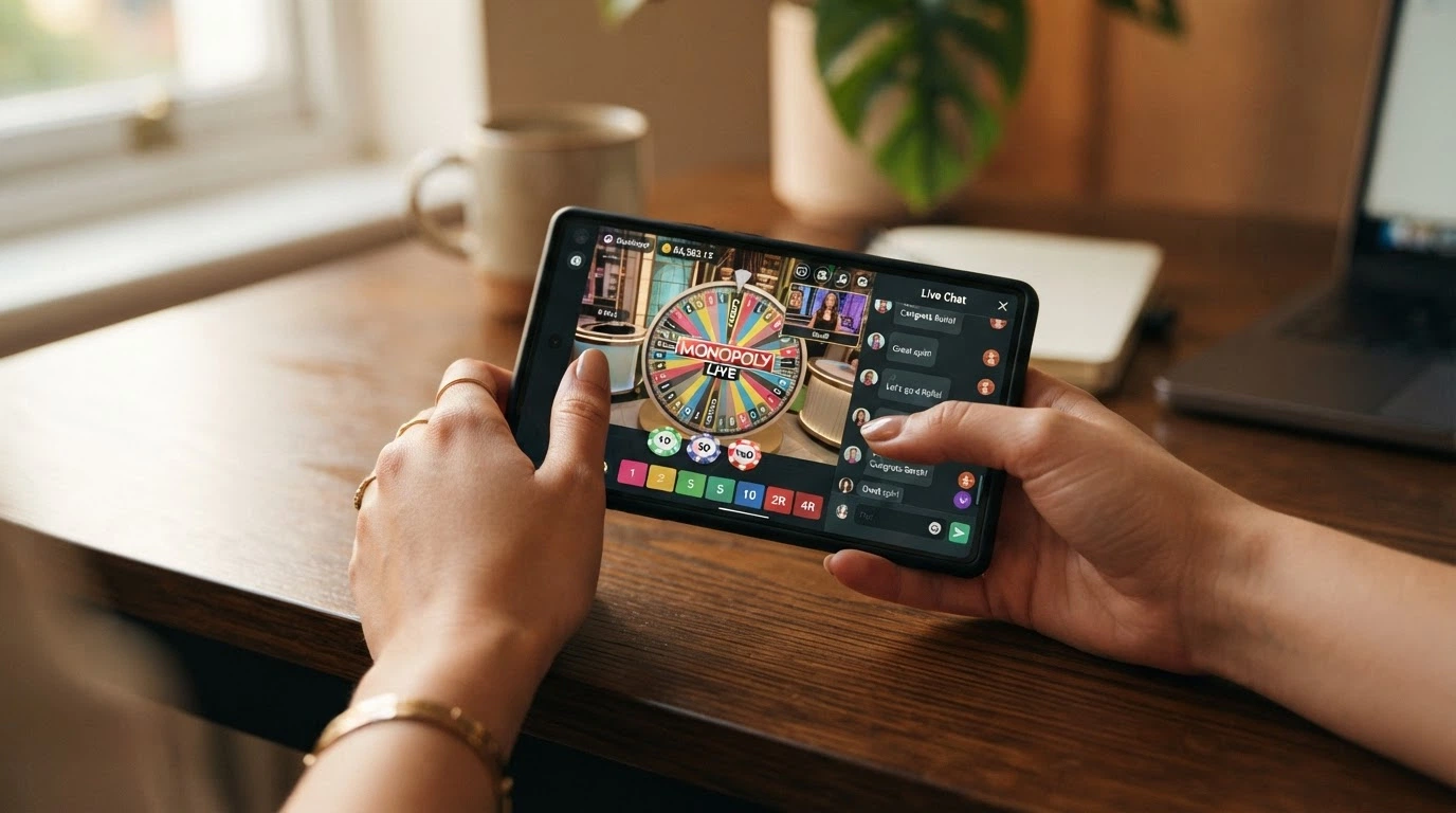 Una schermata dell'interfaccia di Monopoly Live con le puntate piazzate sui segmenti della ruota e la chat live attiva