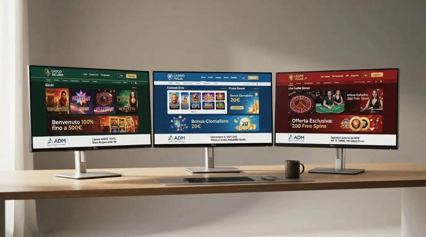 Una schermata comparativa che mostra le homepage di tre casinò poker autorizzati ADM affiancate, con in evidenza i loghi ufficiali e il numero di concessione