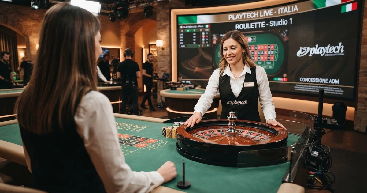 Un tavolo da live casino con croupier in uniforme che gestisce una roulette, sullo sfondo un monitor con il logo Playtech e i dettagli di una sala da gioco italiana