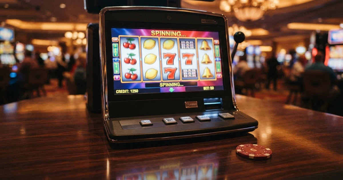 Una slot machine con i rulli in movimento e una percentuale RTP sovrapposta in evidenza, su sfondo pulito