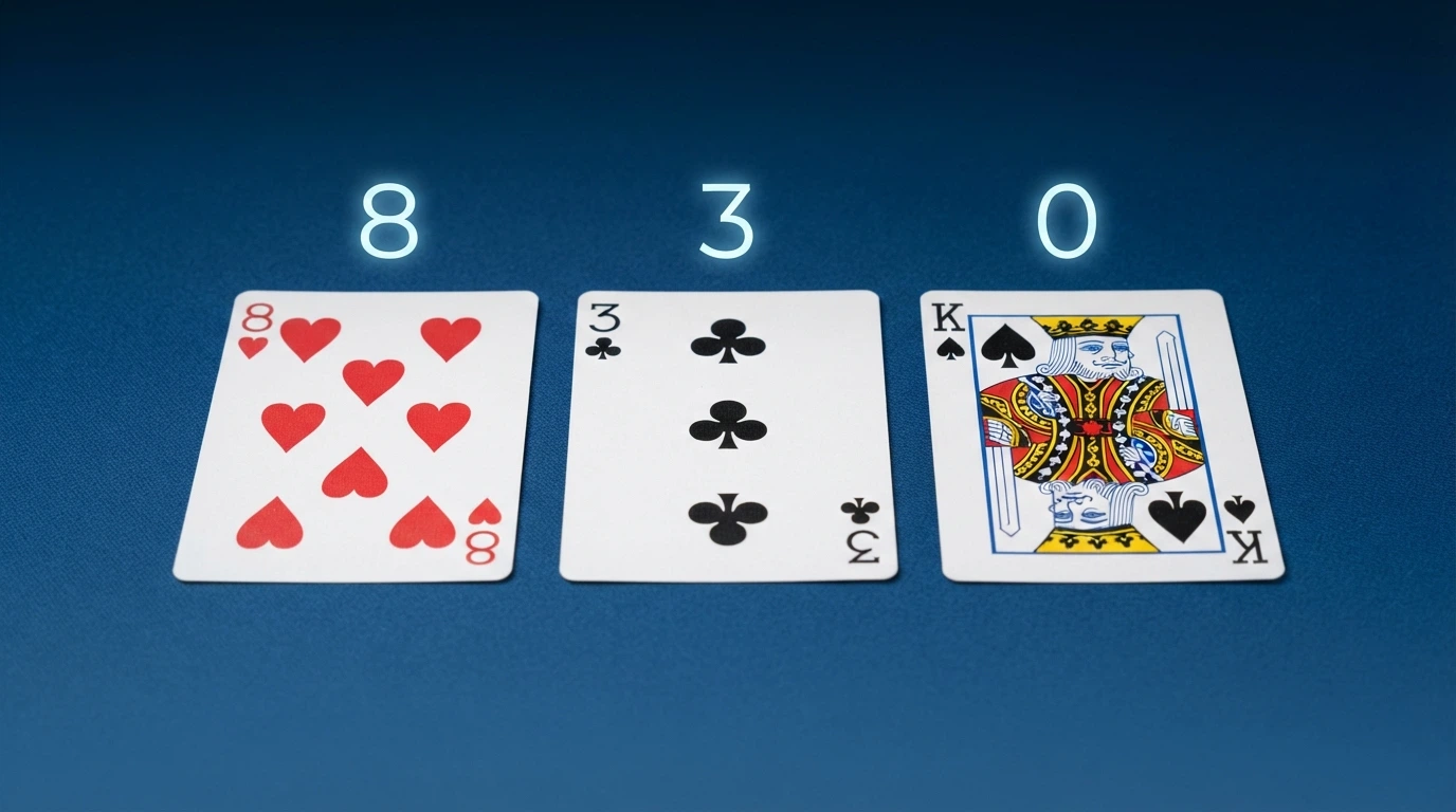 Tre carte da baccarat affiancate (un 8, un 3 e una figura) con il valore del punteggio calcolato in sovrimpressione
