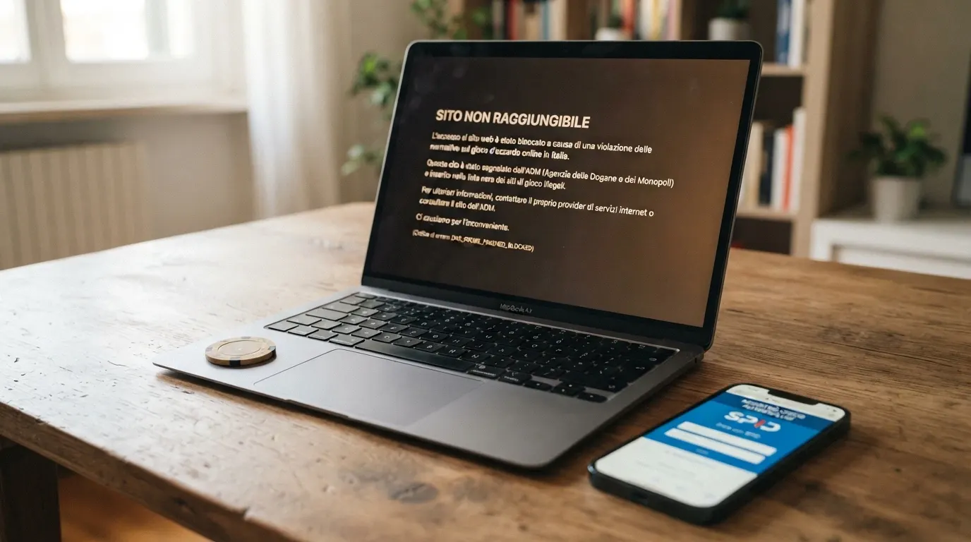 Lo schermo di un computer con un messaggio di blocco DNS sovrimpresso sul tentativo di aprire un casinò non autorizzato, mentre in basso appare l'interfaccia del RUA con il logo SPID