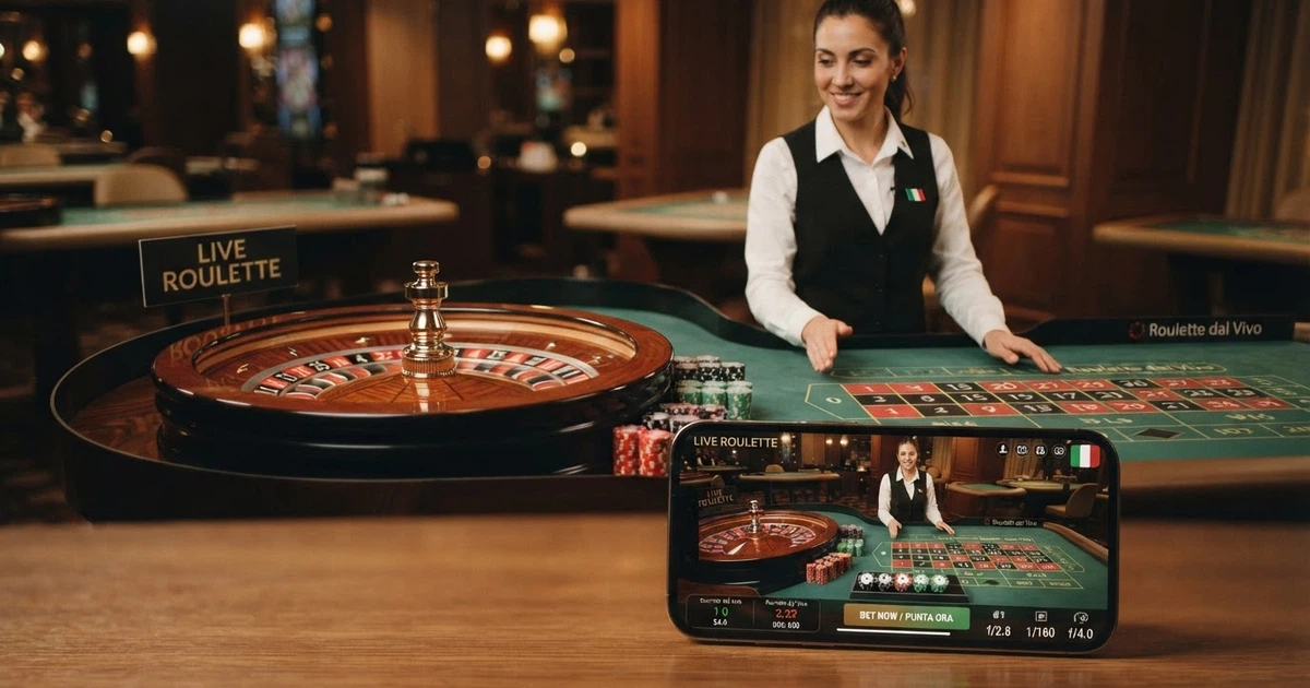 Un tavolo di roulette dal vivo in streaming con croupier in primo piano, sullo sfondo l'interfaccia di un casinò online italiano