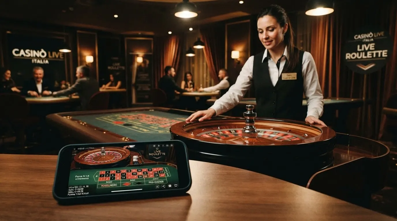 Un tavolo di roulette dal vivo con croupier in uniforme, ripreso da un angolo che mostra sia la ruota che il pannello delle puntate sullo schermo di un giocatore.