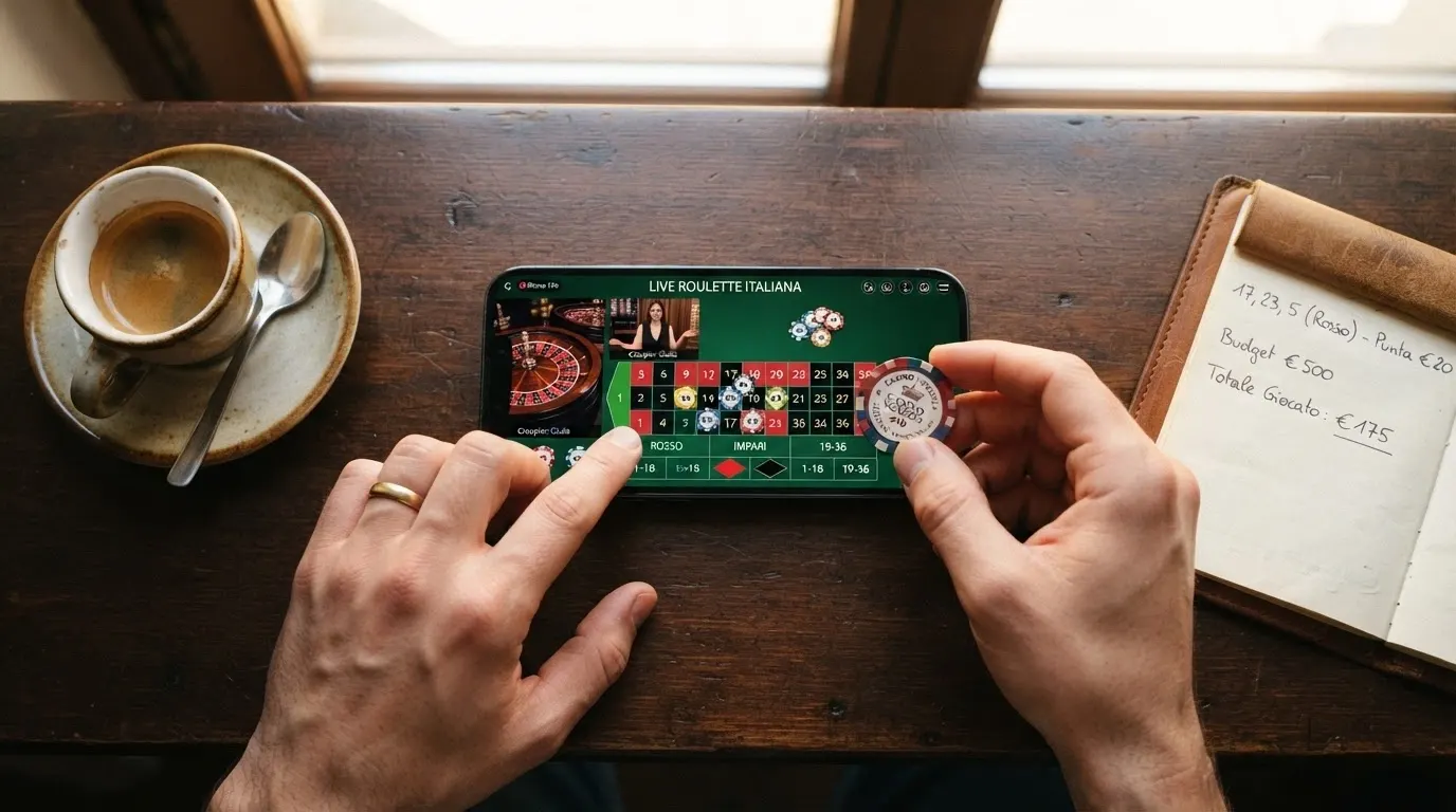 La schermata di una roulette dal vivo in streaming su uno smartphone, con le puntate disposte sul tappeto verde e l'interfaccia touch