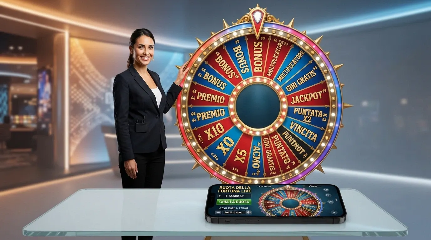 Un croupier in piedi accanto a una grande ruota della fortuna colorata in uno studio di game show live, con un'interfaccia di puntata visibile in sovrimpressione.
