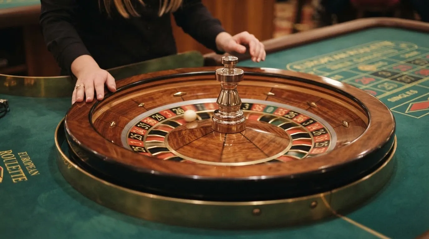 Primo piano di una ruota della roulette europea con un solo zero, la pallina in corsa e le mani del croupier sullo sfondo