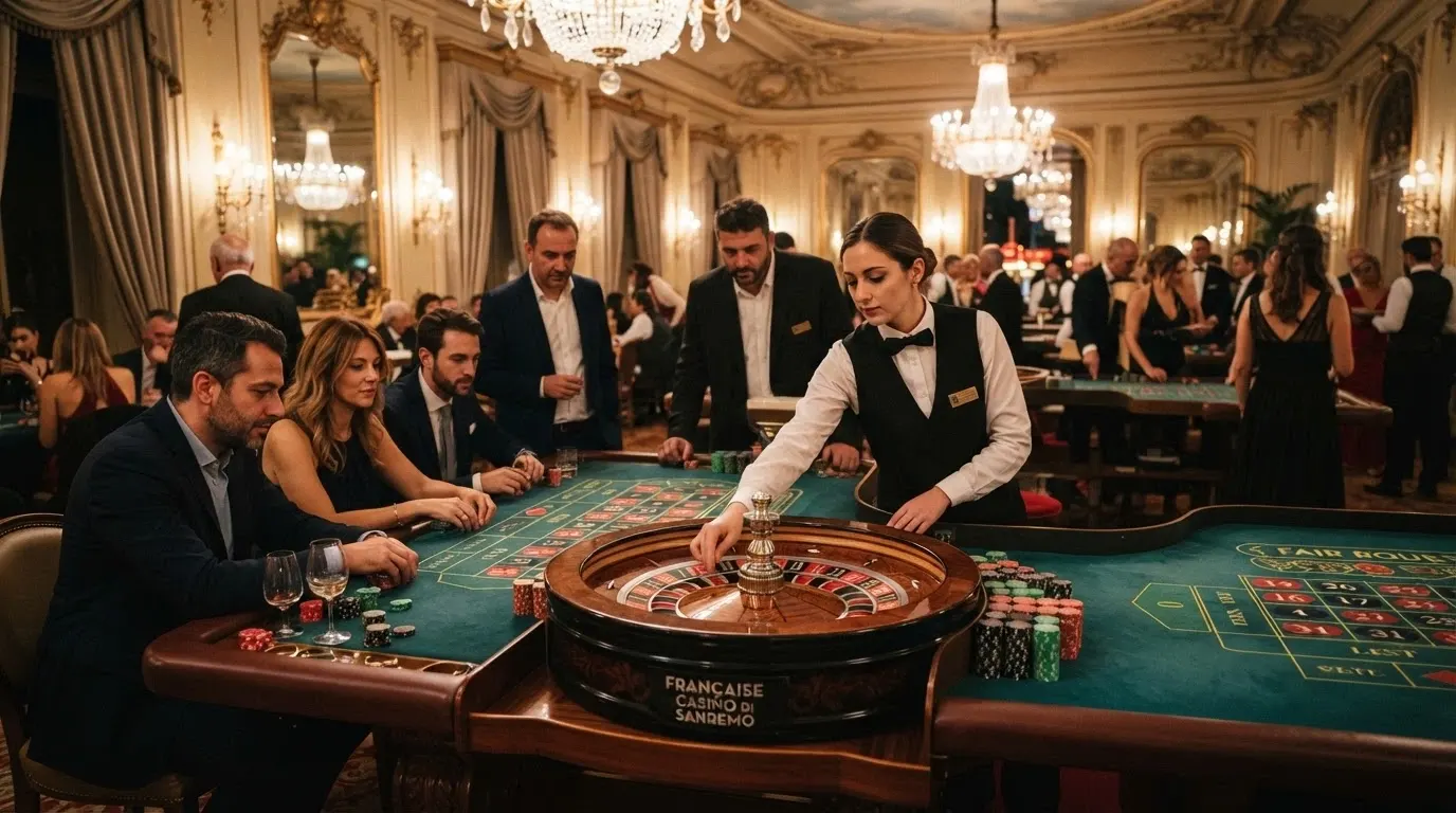 Tavoli da roulette francese e fair roulette nella sala da gioco del Casinò di Sanremo con lampadari e arredi d'epoca