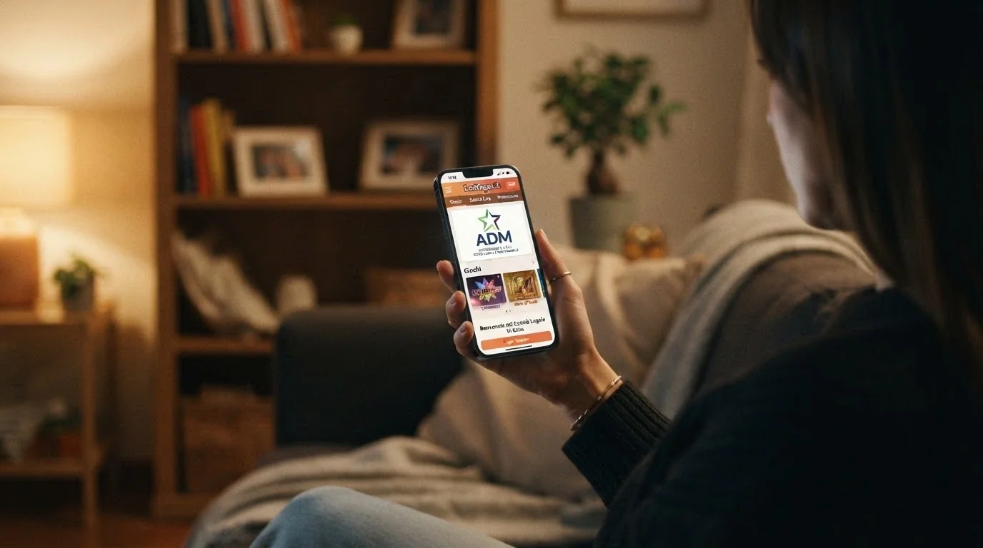 Un giocatore sorridente con in mano lo smartphone che mostra la schermata di un casinò con licenza ADM, sullo sfondo una lista di tutele (RUA, pagamenti garantiti, vincite non tassate, conciliazione)