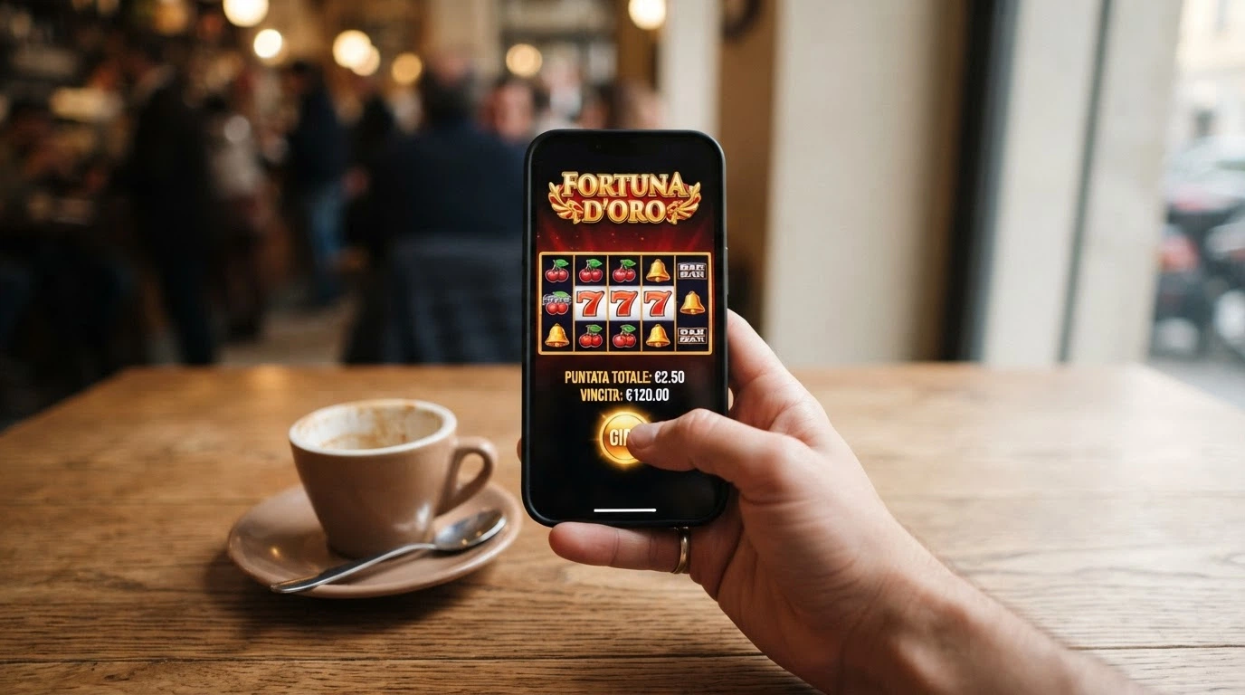 Un giocatore che utilizza un casinò mobile su smartphone in un contesto quotidiano, con l'interfaccia di gioco visibile sullo schermo