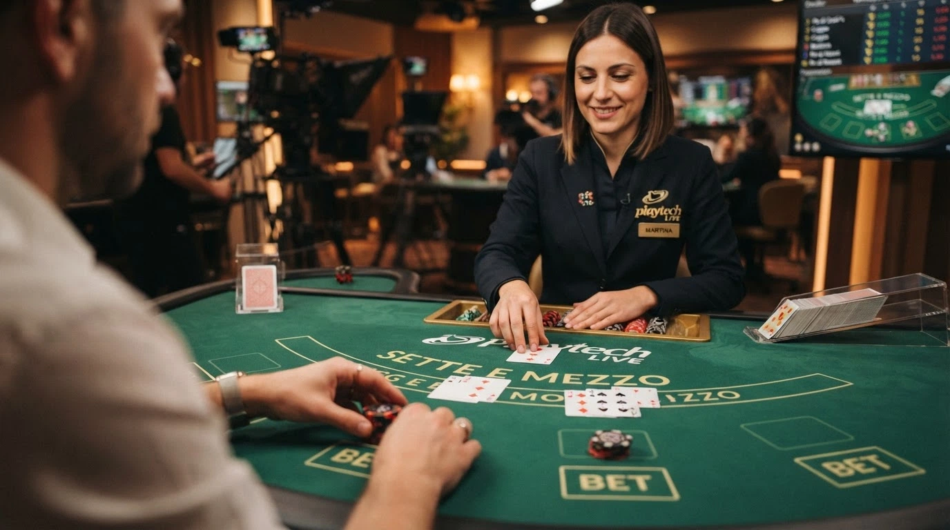 Un tavolo da gioco di Sette e Mezzo in streaming live con croupier in italiano, carte scoperte sul tavolo verde e interfaccia di puntata visibile