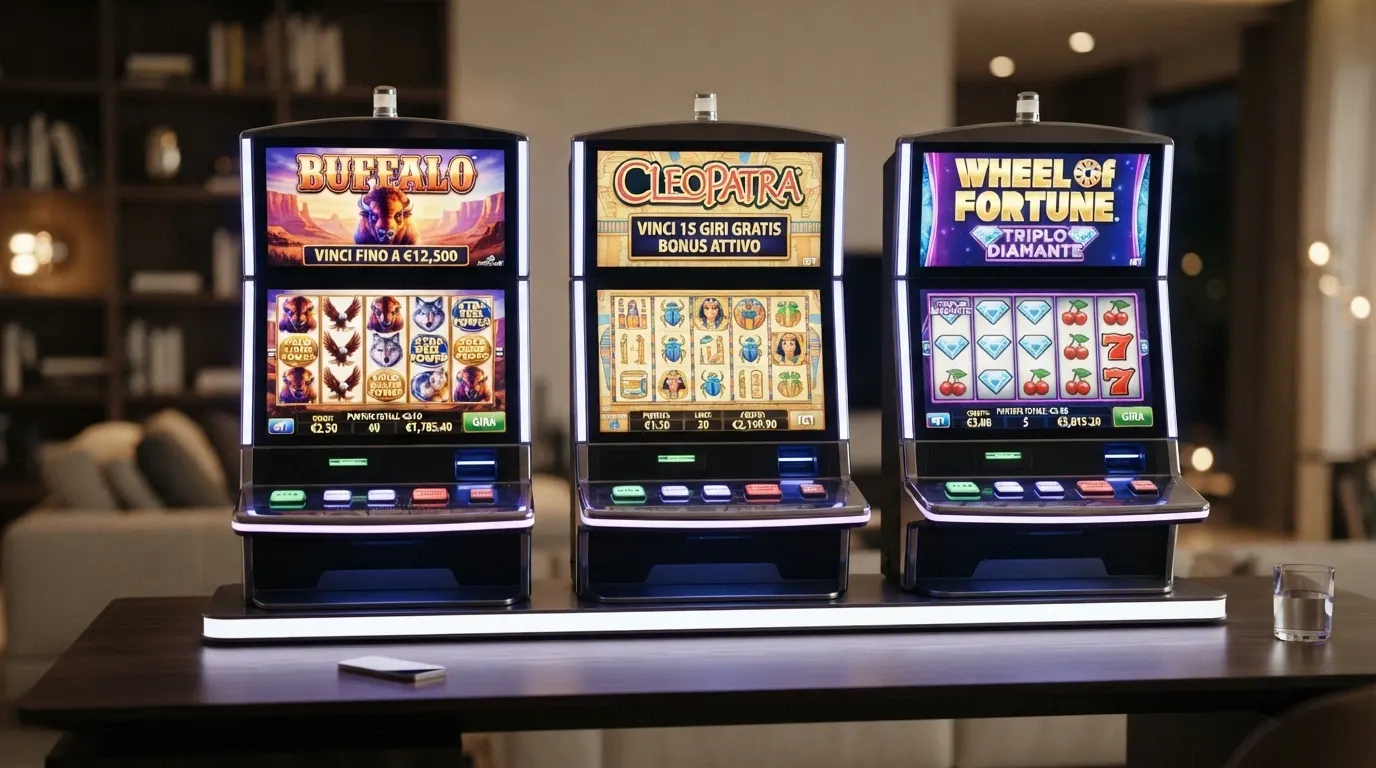 Tre schermate affiancate delle slot Buffalo, Cleopatra e Wheel of Fortune in modalità demo su piattaforma ADM