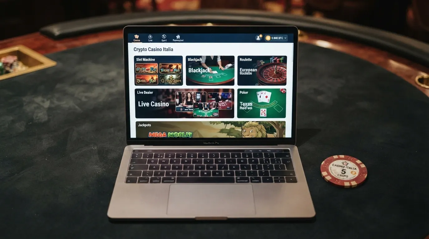 Una schermata di lobby di casinò online con icone di slot, tavoli da blackjack e un riquadro «live dealer» in evidenza