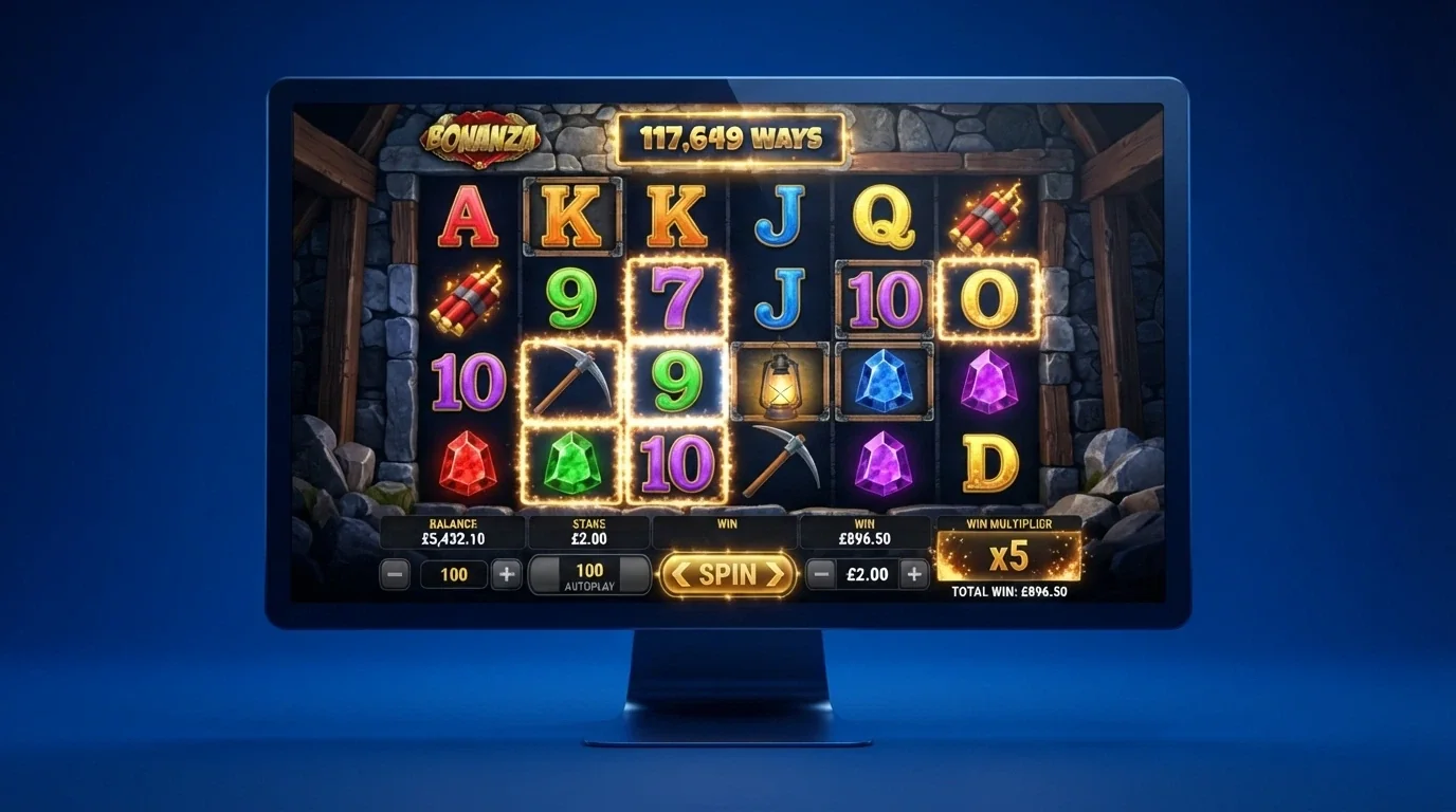 La schermata di gioco di Bonanza Megaways con il moltiplicatore di vincita e il pannello delle 117.649 modalità
