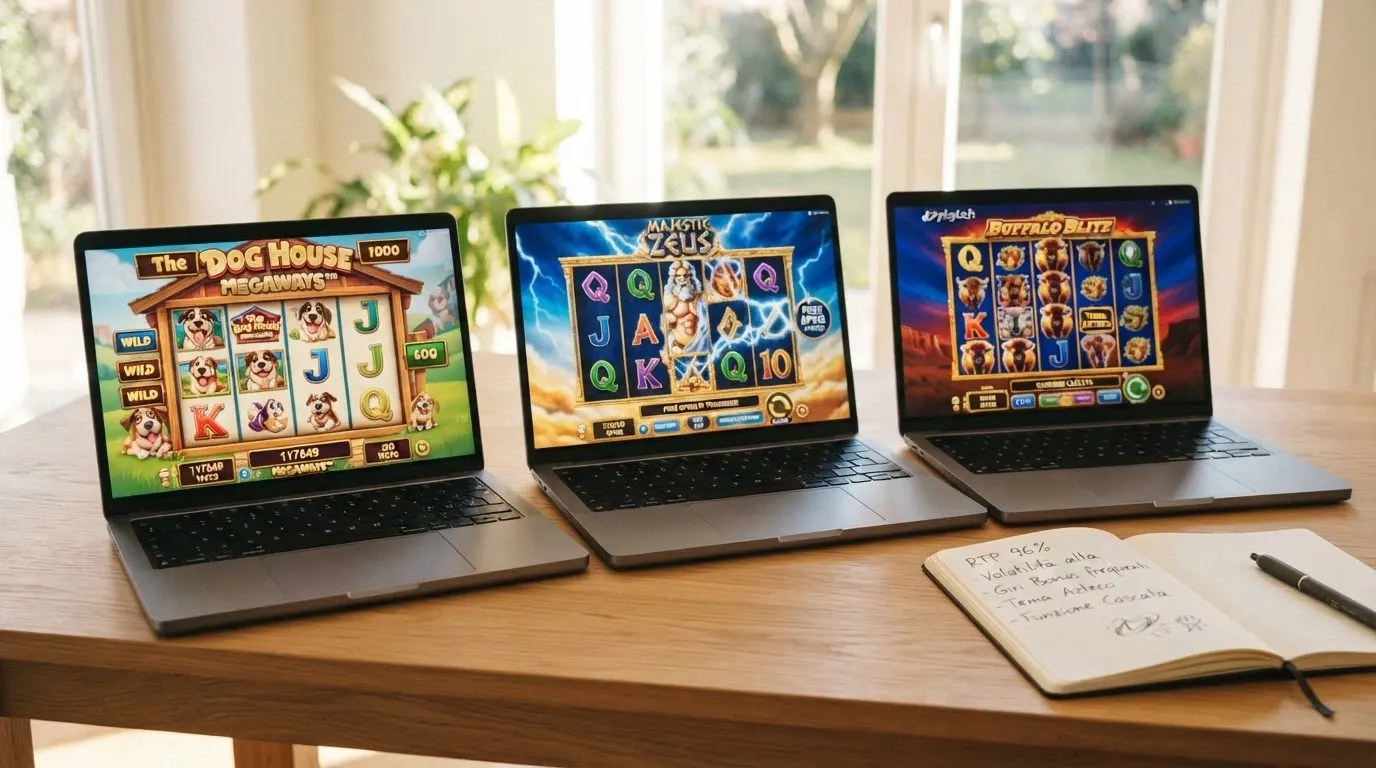 Tre slot machine online affiancate con le rispettive schede informative: RTP, volatilità e provider in evidenza