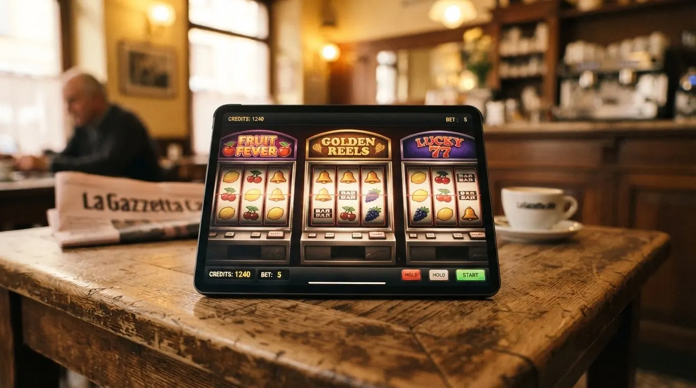 Tre slot machine in stile da bar (AWP) affiancate sullo schermo, con l'interfaccia classica a 3 rulli e simboli frutta, in una schermata di gioco dimostrativo
