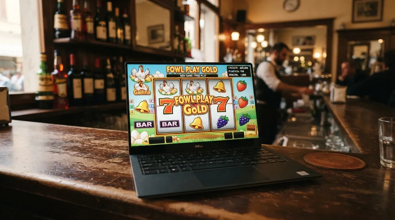 Schermata di una slot machine da bar classica in versione demo gratuita online, con grafica che richiama le AWP da bar italiane e contatore di crediti virtuali.