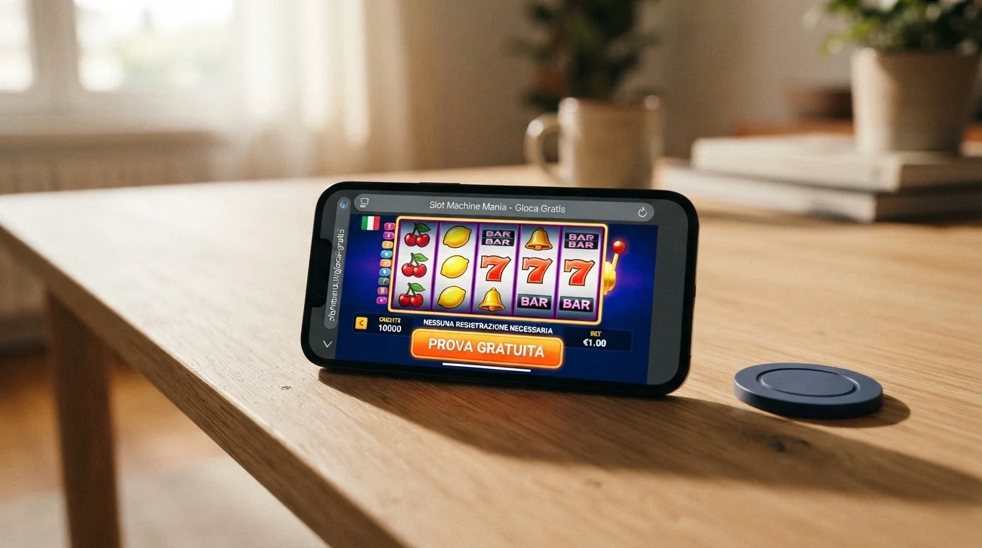 Una slot machine online in esecuzione nel browser di uno smartphone, con il pulsante «prova gratuita» in evidenza e crediti virtuali sul contatore