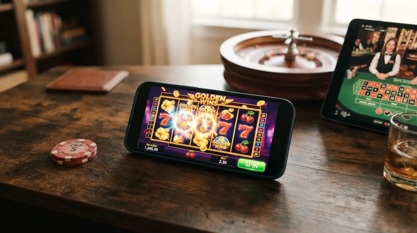 Una slot machine online in primo piano con i rulli in movimento, affiancata da un tavolo da roulette e una finestra di live casino su uno sfondo sfocato.