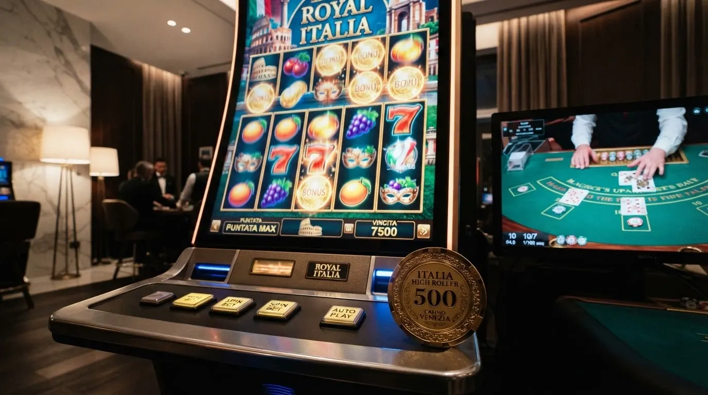Una schermata di slot online con rulli in movimento, affiancata da un tavolo da blackjack in live streaming su un secondo monitor