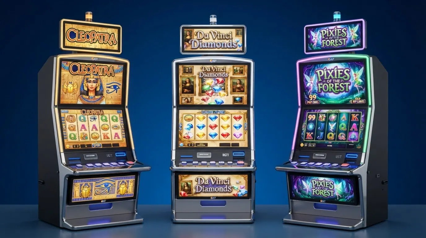 Interfaccia di una slot machine IGT a tema egizio con rulli, simboli e moltiplicatori di vincita visibili