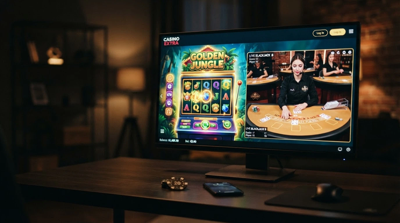 Una schermata di un casinò online con una slot machine in primo piano e una finestra di live casino con un croupier sullo sfondo