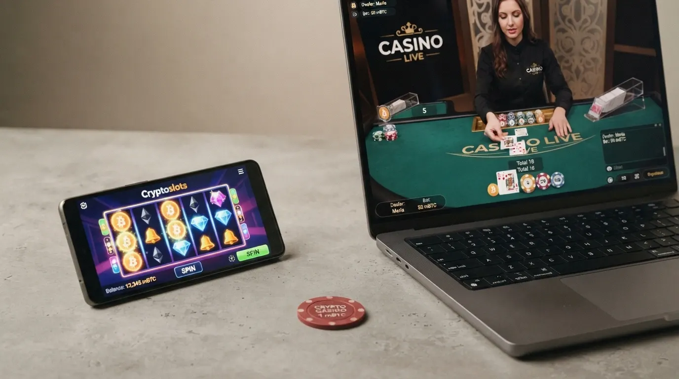 Una schermata divisa: a sinistra una slot machine digitale in azione, a destra un tavolo di blackjack live con un dealer in diretta streaming, entrambe con l'indicatore di saldo in BTC visibile nell'angolo