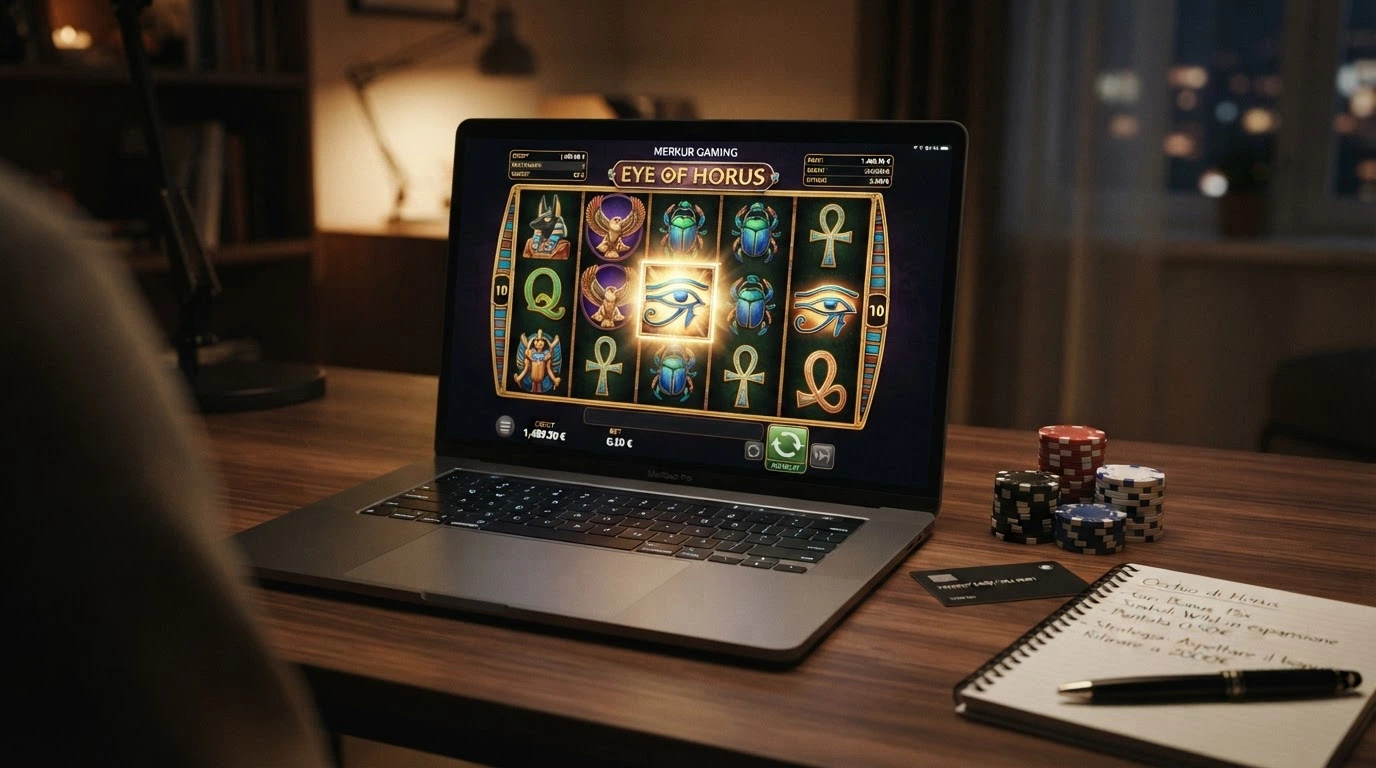 L'interfaccia della slot Eye of Horus di Merkur Gaming con i rulli, il simbolo di Horus in evidenza e il pannello delle puntate in basso