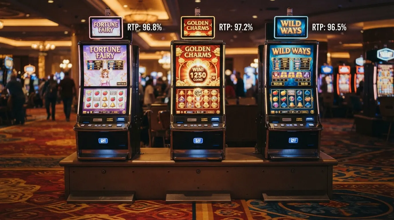 Tre slot machine affiancate — Book of Dead, Starburst e Gates of Olympus — con i rispettivi RTP in sovrimpressione