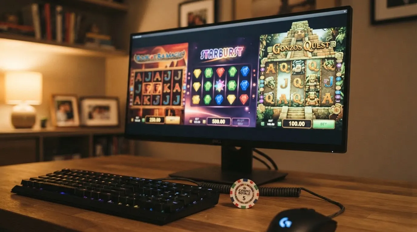 Tre slot machine online affiancate sullo schermo (Book of Dead, Gates of Olympus, Starburst) con l'interfaccia di gioco visibile e i rispettivi valori di RTP in sovrimpressione